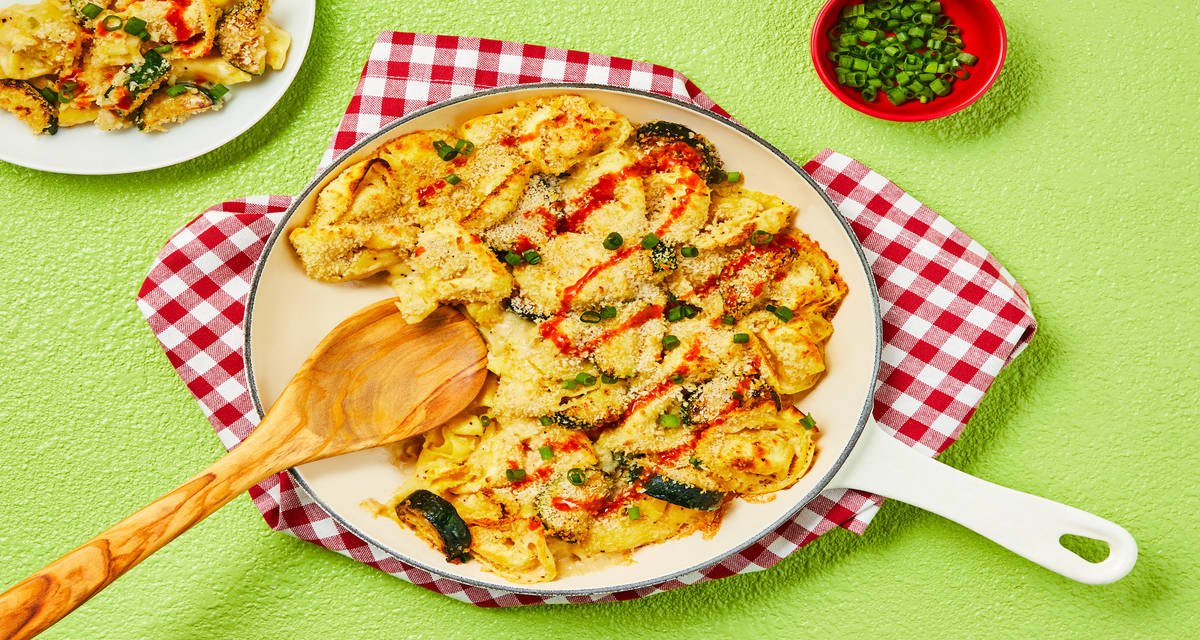 Creamy Chicken Sausage & Tortelloni Bake with Zucchini, Crispy Panko & Scallions