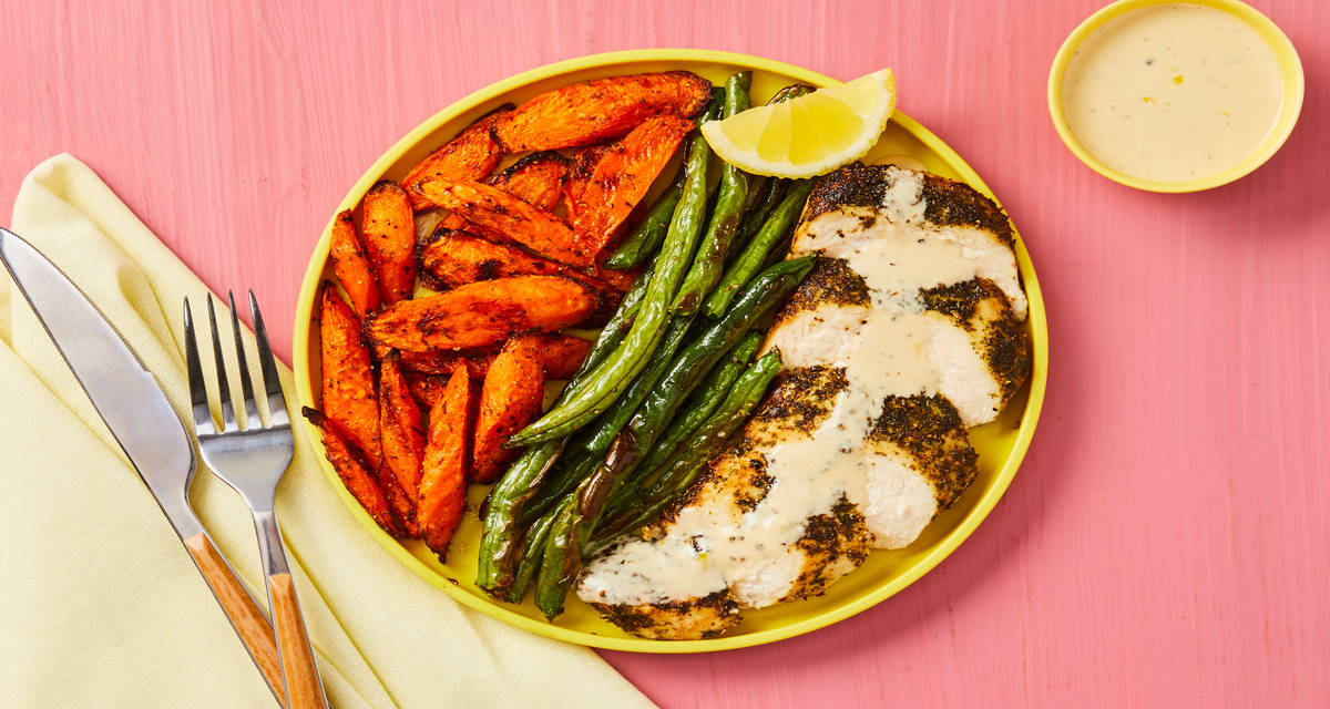 Creamy Garden Herb Chicken with Roasted Carrots & Green Beans