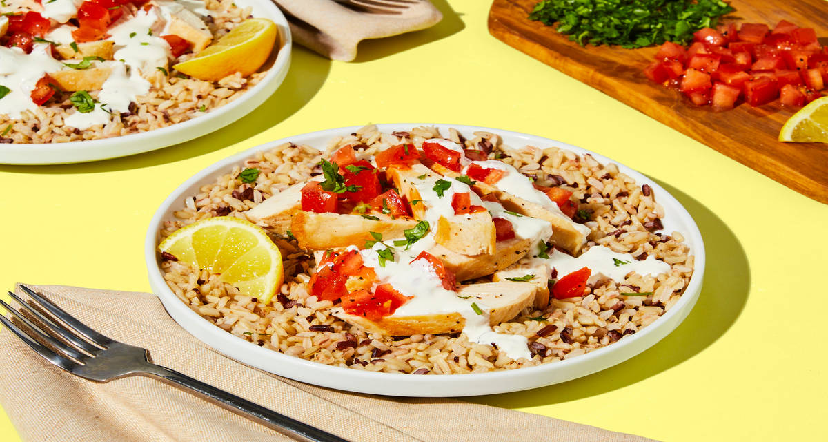 Creamy Garlic Chicken Grain Bowls with Marinated Tomato & Lemon