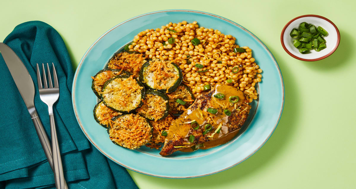 Creamy Lemon Butter Chicken with Parmesan Zucchini Rounds Scallion Couscous