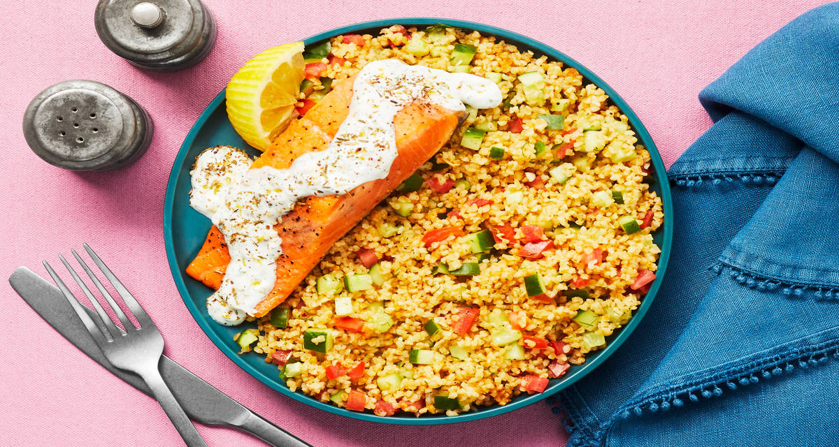 Creamy Lemon Dill Salmon with Harissa Bulgur Salad