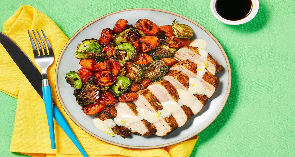 Creamy Lemon-Herb Pork Chops with Balsamic-Glazed Brussels Sprouts & Carrots