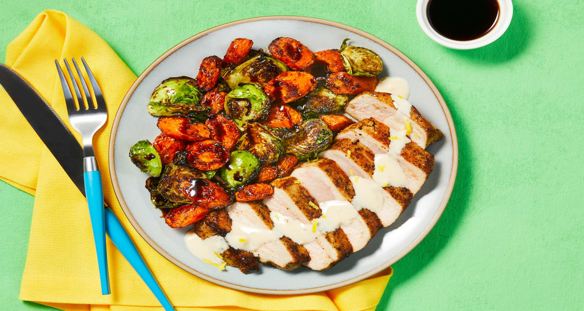 Creamy Lemon-Herb Pork Chops with Balsamic-Glazed Brussels Sprouts & Carrots-image