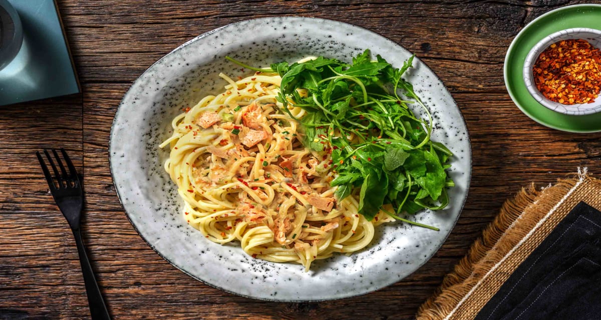 Creamy Lemony Spaghetti with Hot Smoked Salmon Recipe | HelloFresh