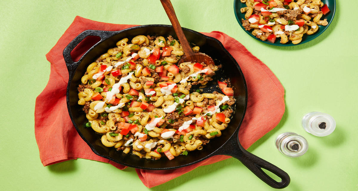 Creamy Ranch Beef Cavatappi Skillet with White Cheddar & Scallions