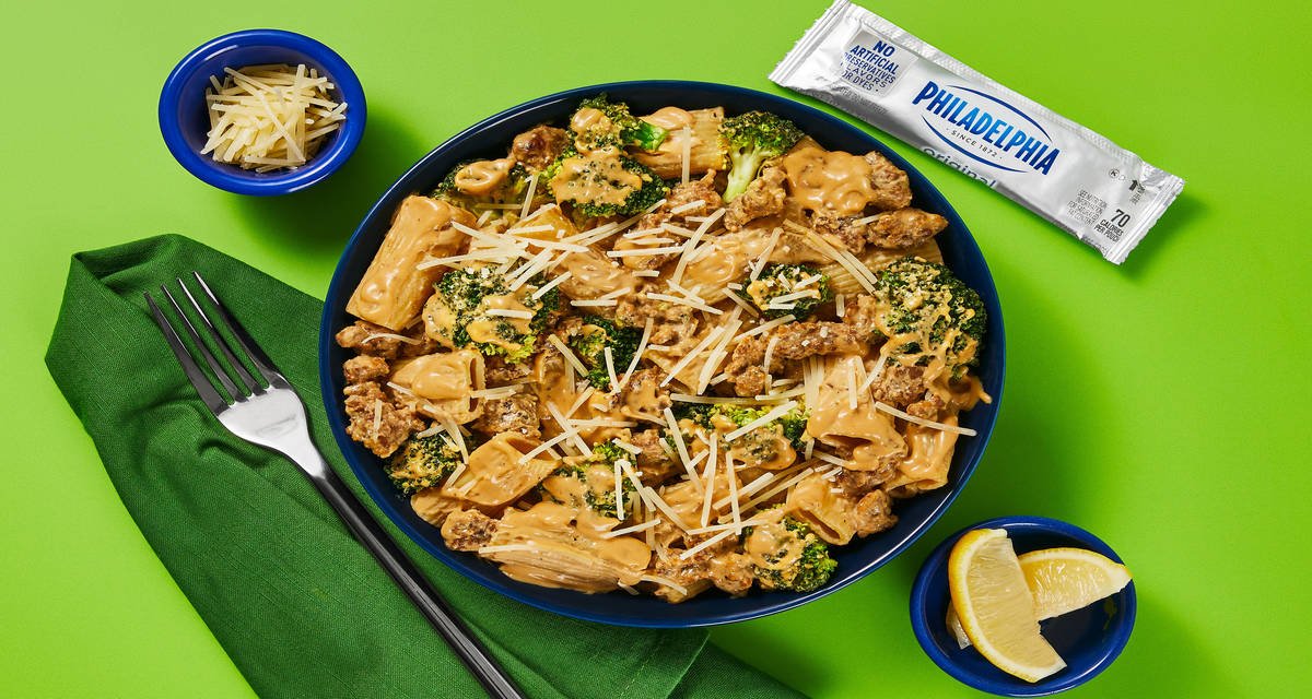 Creamy Rigatoni With Pork Sausage plus Philadelphia Cream Cheese, Broccoli, Lemon & Parmesan