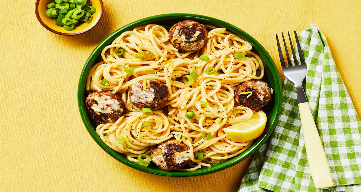 Creamy Tuscan Spaghetti & Meatballs with Scallions & Lemon