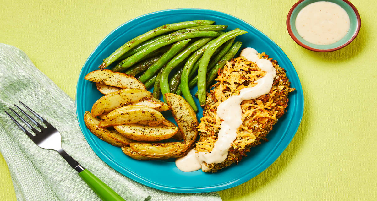 Crispy Caesar Chicken with Herby Potato Wedges & Roasted Green Beans