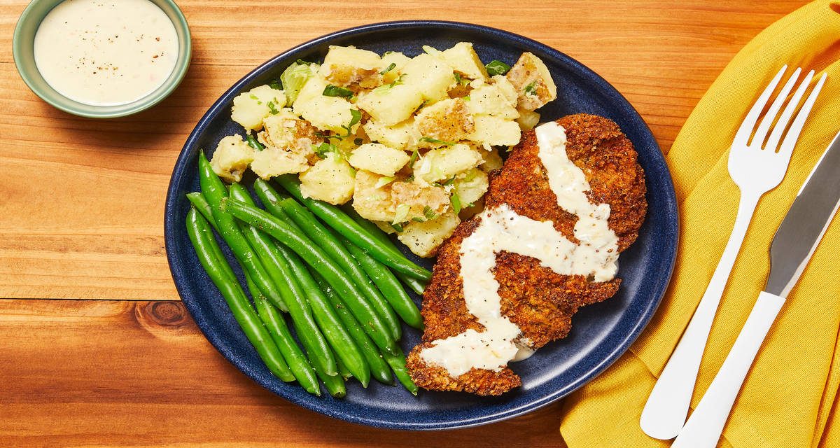 Crispy Chicken Milanese with Warm Potato-Scallion Salad & Green Beans