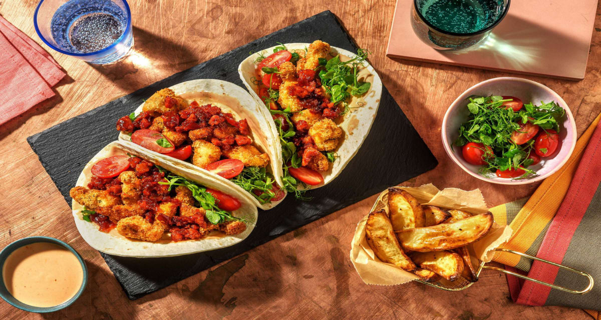 Crispy Chicken Strip Tacos with Sweet Chilli Chorizo, Chipotle Creme Fraiche and Wedges-image