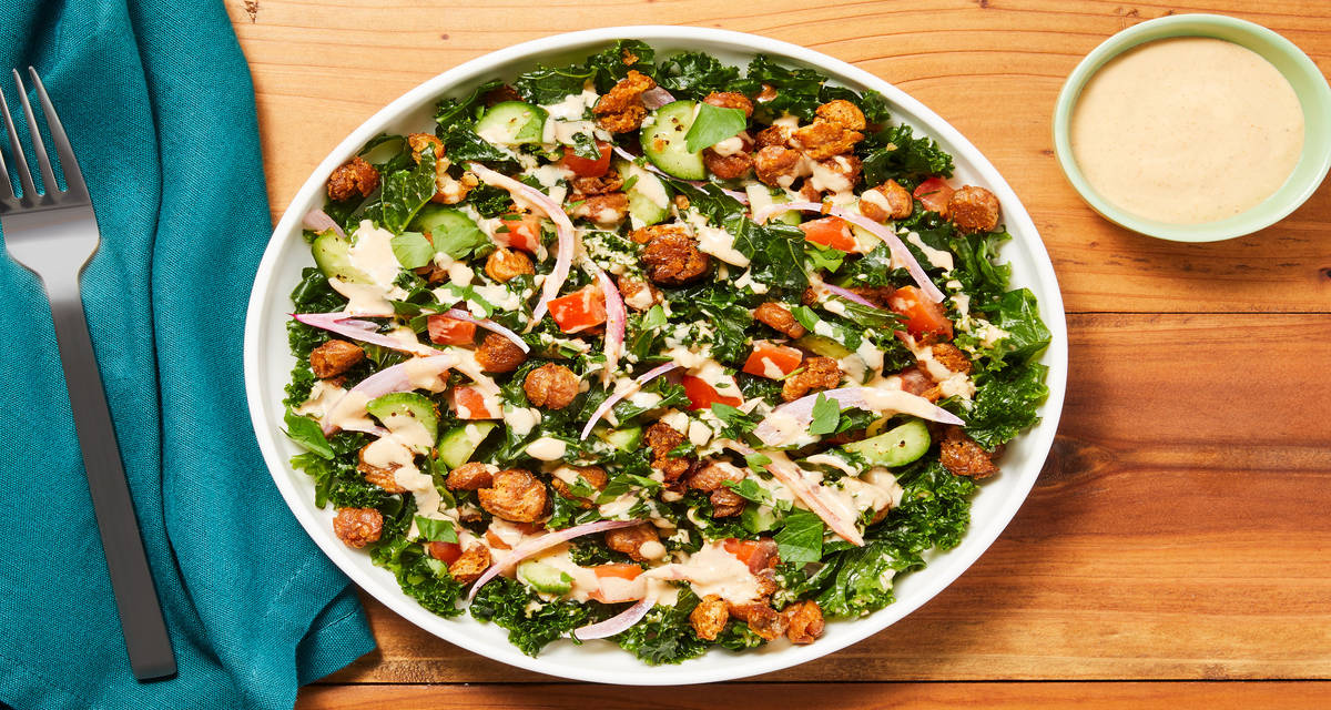 Crispy Chickpea & Kale Salad with Cucumber, Pickled Shallot & Lemony Tahini Dressing
