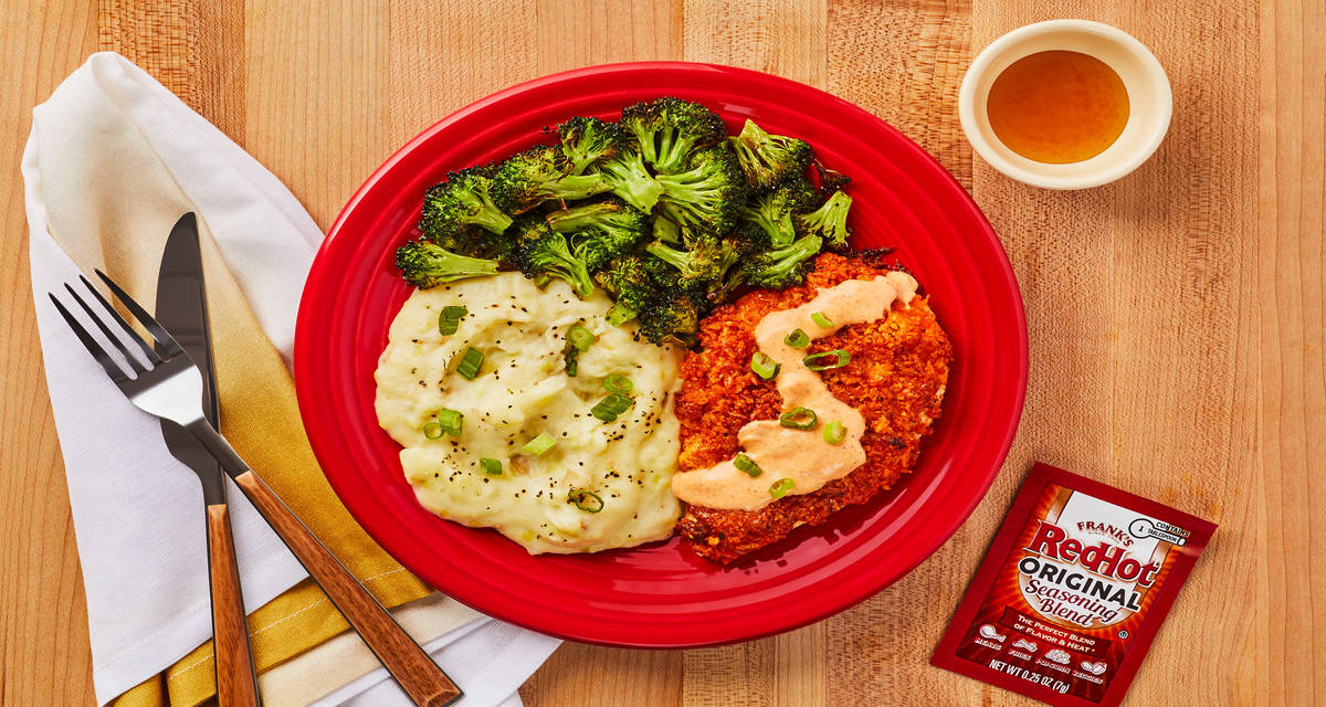 Crispy Kickin' Cayenne Chicken Cutlets with Frank’s RedHot® Original Seasoning Blend, Mashed Potatoes & Broccoli
