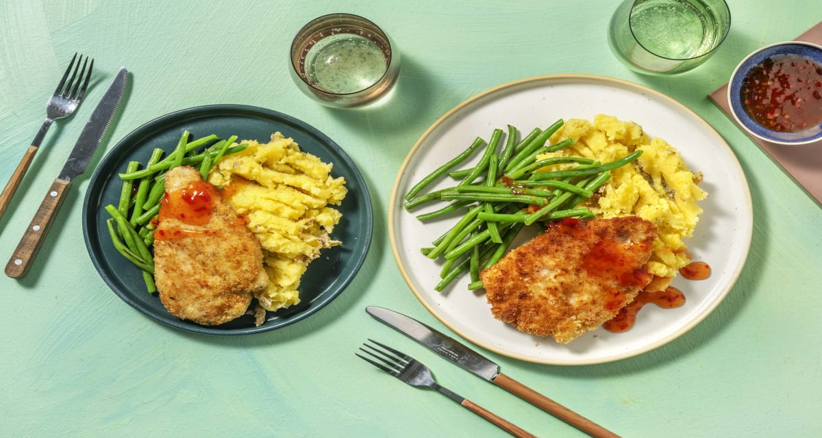 Crispy Panko Breaded Chicken and Mash with Green Beans and Sweet Chilli Sauce-image