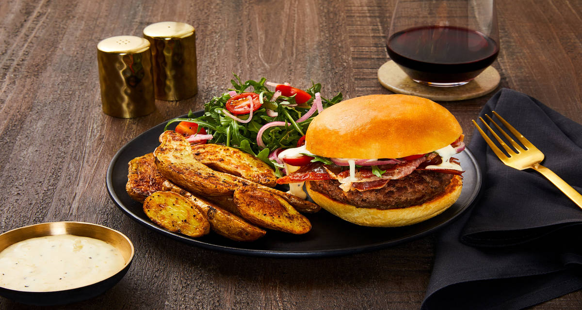 Crispy Prosciutto & Fonduta Burgers with Truffled Potato Wedges & Mixed Green Salad