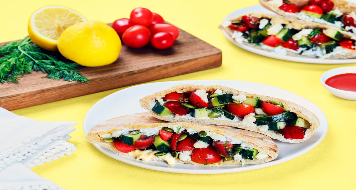 Cucumber Salad-Stuffed Pita Pockets with Hummus, Feta & Creamy Dill Sauce | 2 Servings