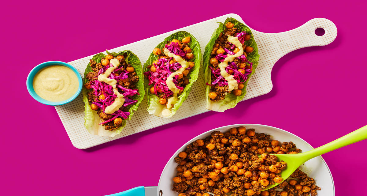 One-Pan Curried Beef Lettuce Wraps with Chickpeas, Pickled Cabbage & Creamy Lemon Drizzle