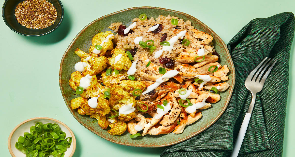 Curried Cauliflower Chicken Bowls with Za’atar-Spiced Bulgur, Dried Cranberries & Yogurt
