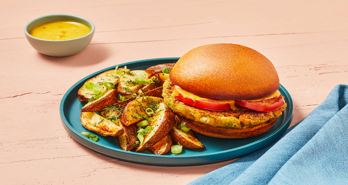 Curried Chickpea Burgers with Tomatoes, Tangy Mayo & Roasted Potato Wedges