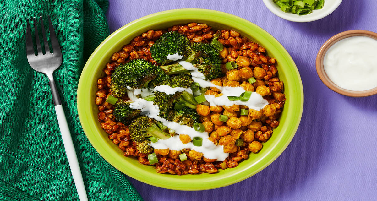 Curried Farro & Chickpeas with Roasted Broccoli and Yogurt Drizzle