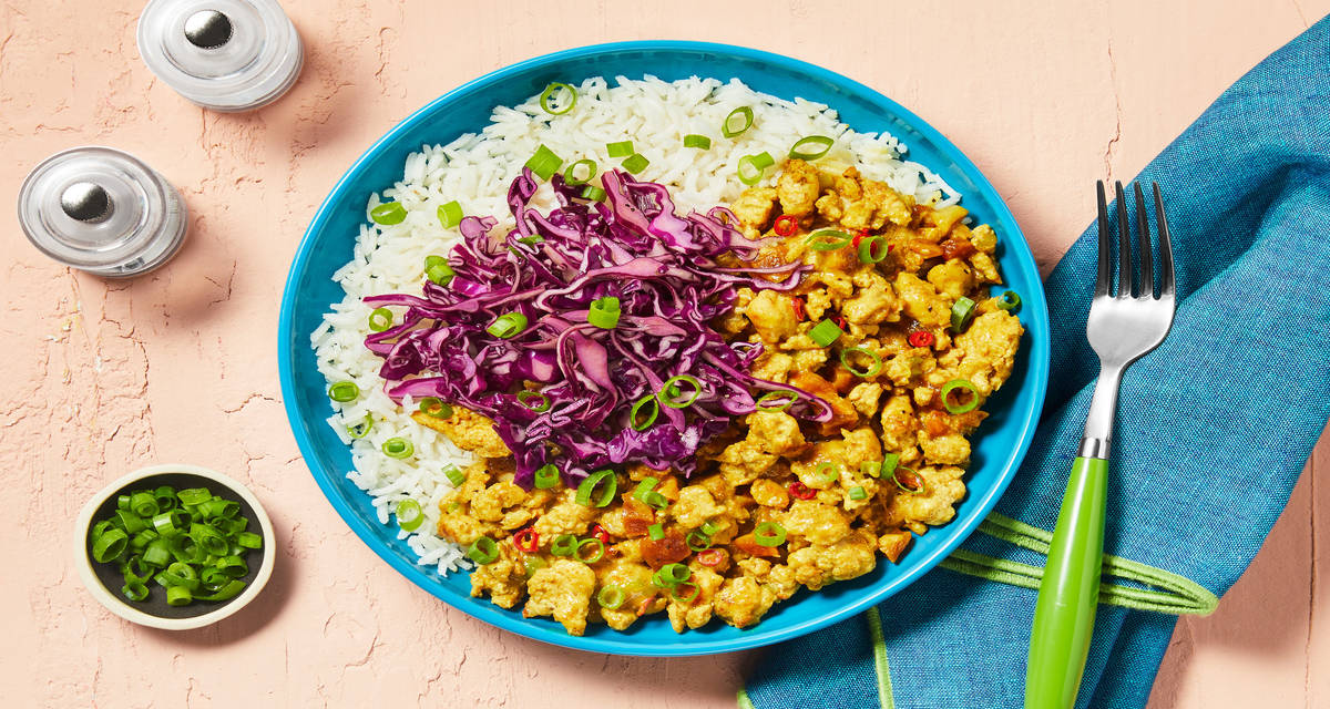 Curried Turkey Bowls with Basmati Rice, Dried Apricots & Pickled Cabbage