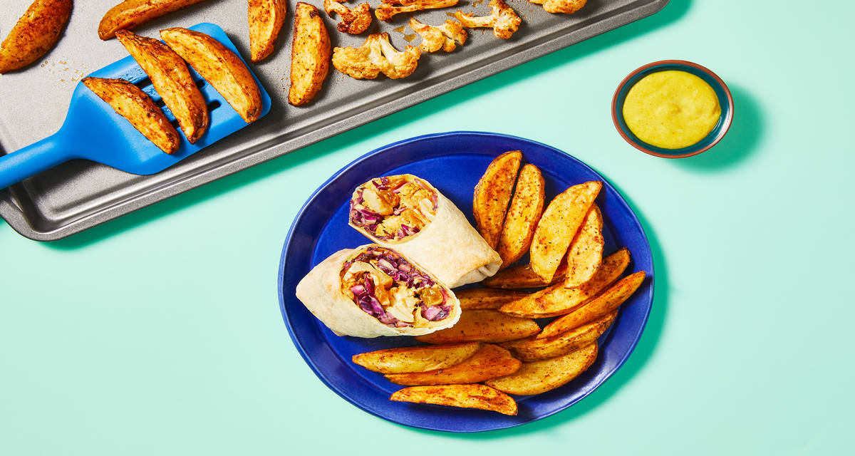 Sheet Pan Curry Cauliflower Wraps with Potato Wedges & Curry Aïoli