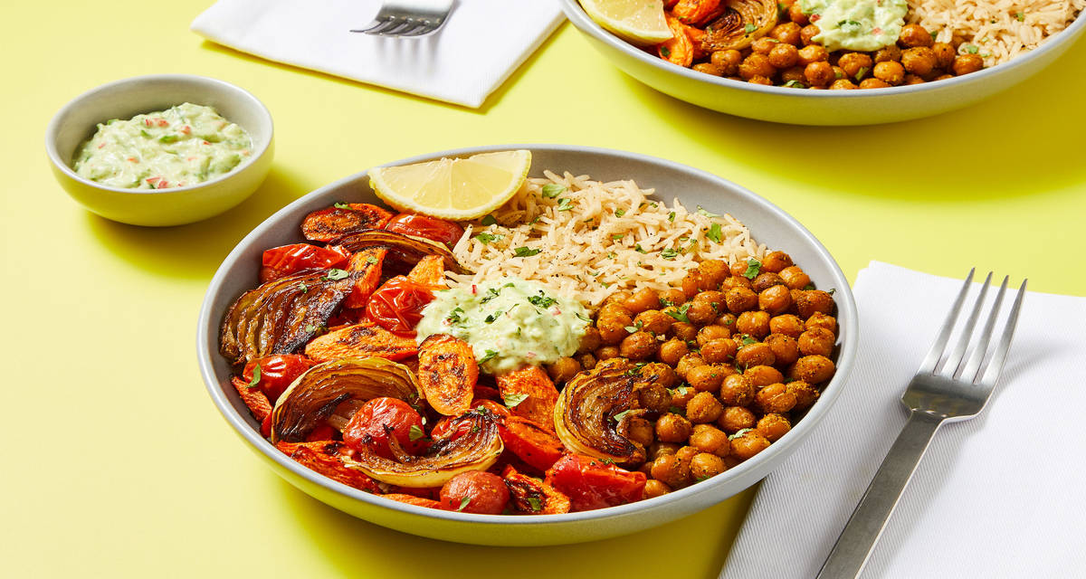 Curry-Spiced Chickpea Bowls with Roasted Veggies, Cucumber Raita & Garlic Basmati Rice