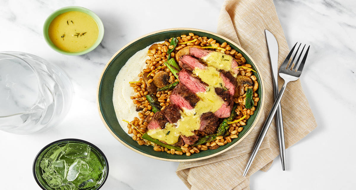David Burtka’s Grilled Steak & Asparagus Salad with Farro, Mushrooms & Lemony Ricotta