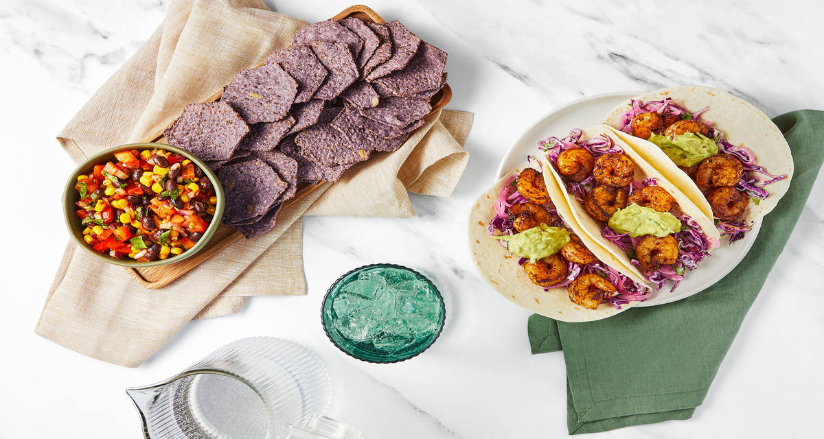 David Burtka’s Zesty Shrimp & Slaw Tacos with Creamy Guac, Salsa & Blue Corn Chips