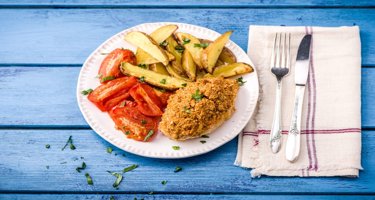 Mozzarella-Crusted Chicken with Blistered Tomatoes and Potato Wedges-image