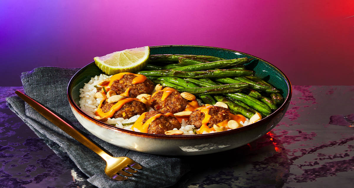“Destroyed” Chili Coconut Pork Smash Patties with Zesty Rice, Roasted Green Beans & Peanuts