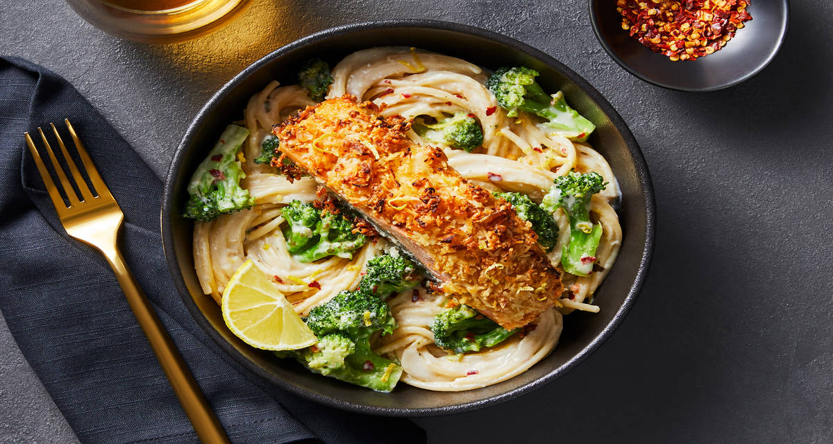 Dijon Onion Crunch Salmon over Lemony Broccoli Spaghetti