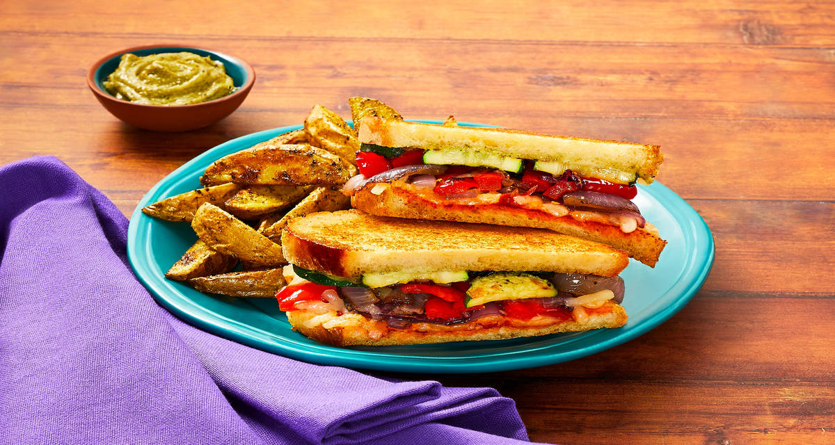 Double Red Pepper & Bacon Panini with Golden Potato Wedges and Herbed Aioli