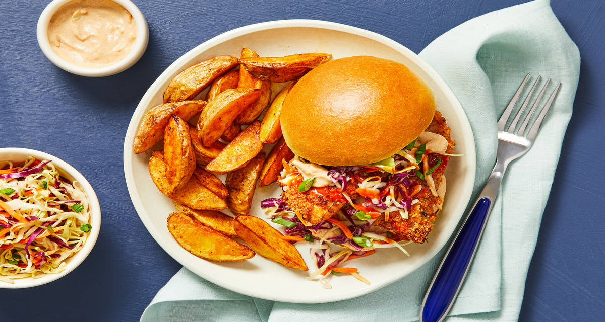 Down-Home Rockfish Sandwiches with Coleslaw, Remoulade & Paprika Potato Wedges