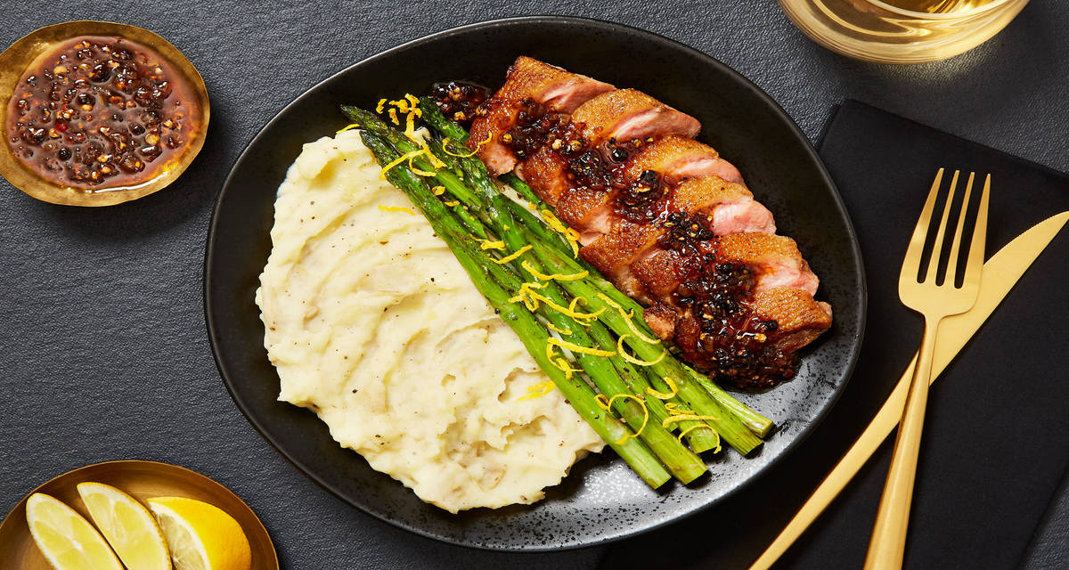 Duck Breasts with Peppercorn Sauce Black Truffle Mashed Potatoes & Zesty Roasted Asparagus