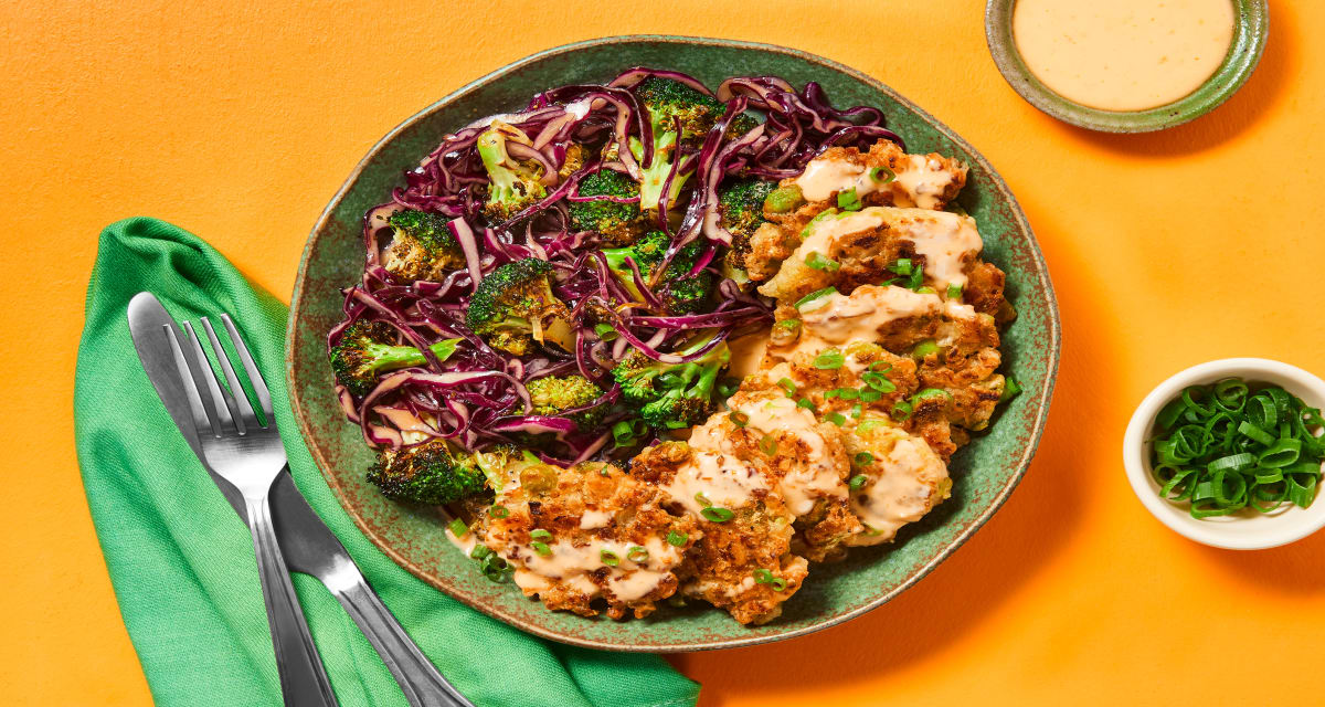 Edamame & Cauliflower Fritters with Roasted Broccoli Slaw & Sweet Chili Mayo-image