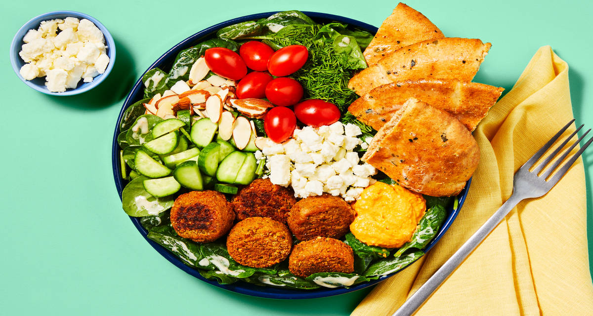 Falafel Power Bowls Spinach, Creamy Dressing & Garlicky Pita