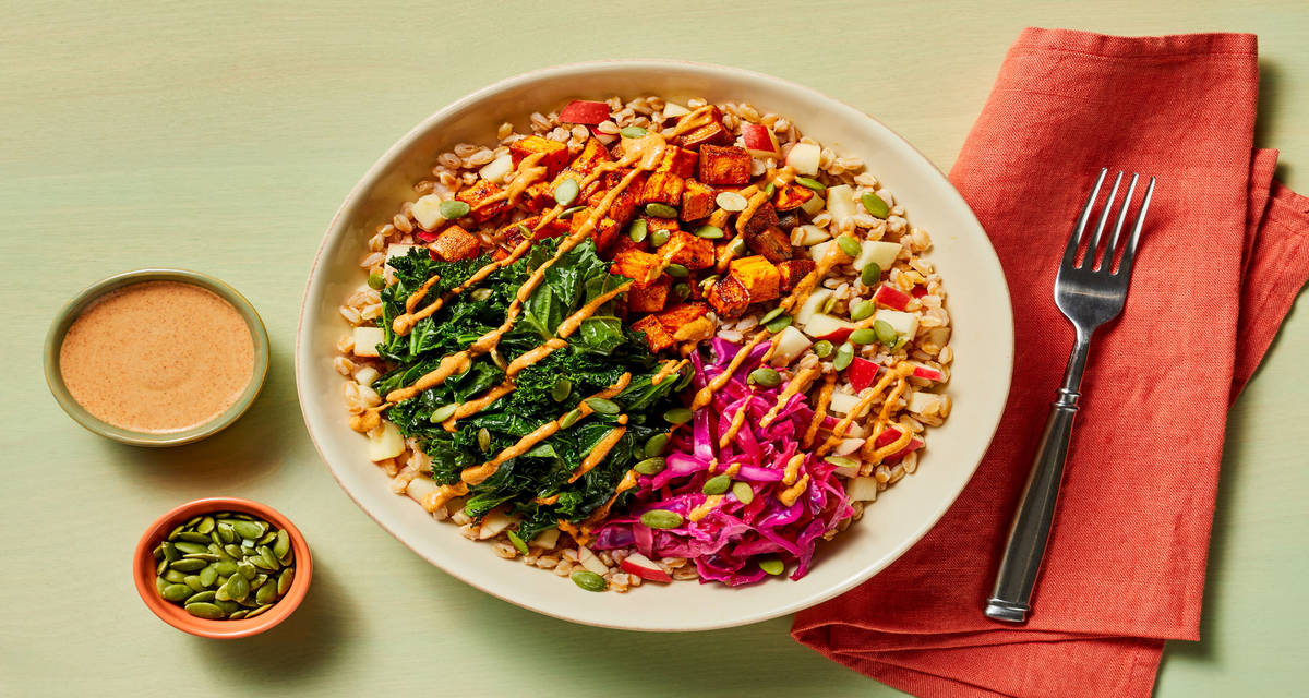 Farro, Kale & Sweet Potato Power Bowls with Apple, Pickled Cabbage & Creamy Harissa Dressing