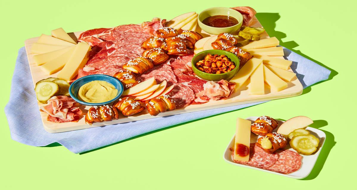 Father’s Day Snack Board with Pretzel Bites, Spiced Bar Nuts & Hot Honey Peach Jam | 4-6 Servings