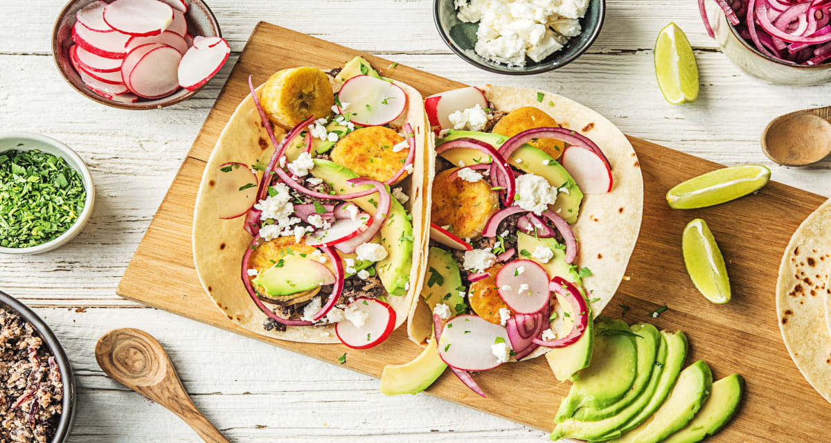 Feisty Frijole Tostadas with Plantain, Pickled Red Onion, and Avocado-image