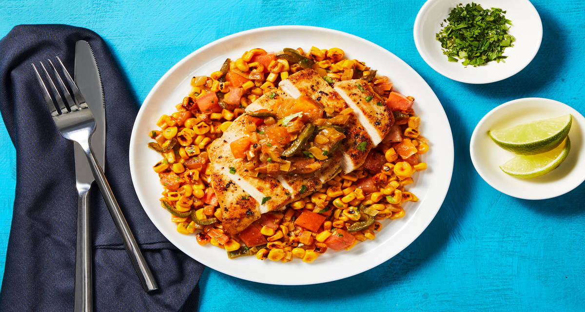 Fiery Mexican-Style Chicken with Charred Corn Salad & Tomato-Jalapeño Salsa