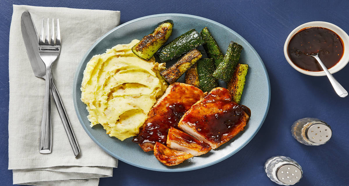 Fig Jam-Bouree Pork Cutlets with Mashed Potatoes & Zucchini