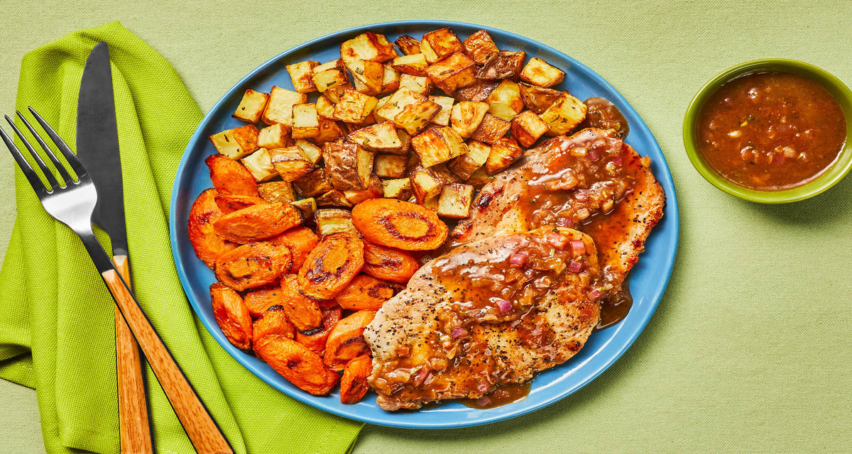 Figgy Balsamic Pork Cutlets with Roasted Carrots & Rosemary Potatoes