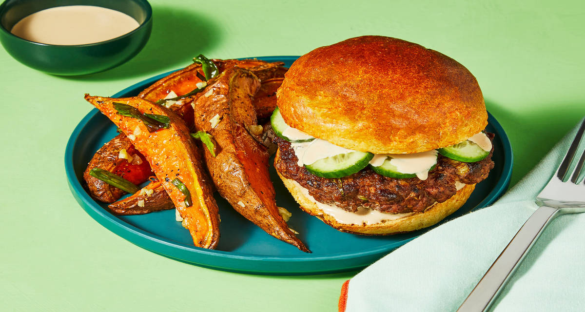 Firecracker Burgers with Cucumber & Garlicky Scallion Sweet Potatoes