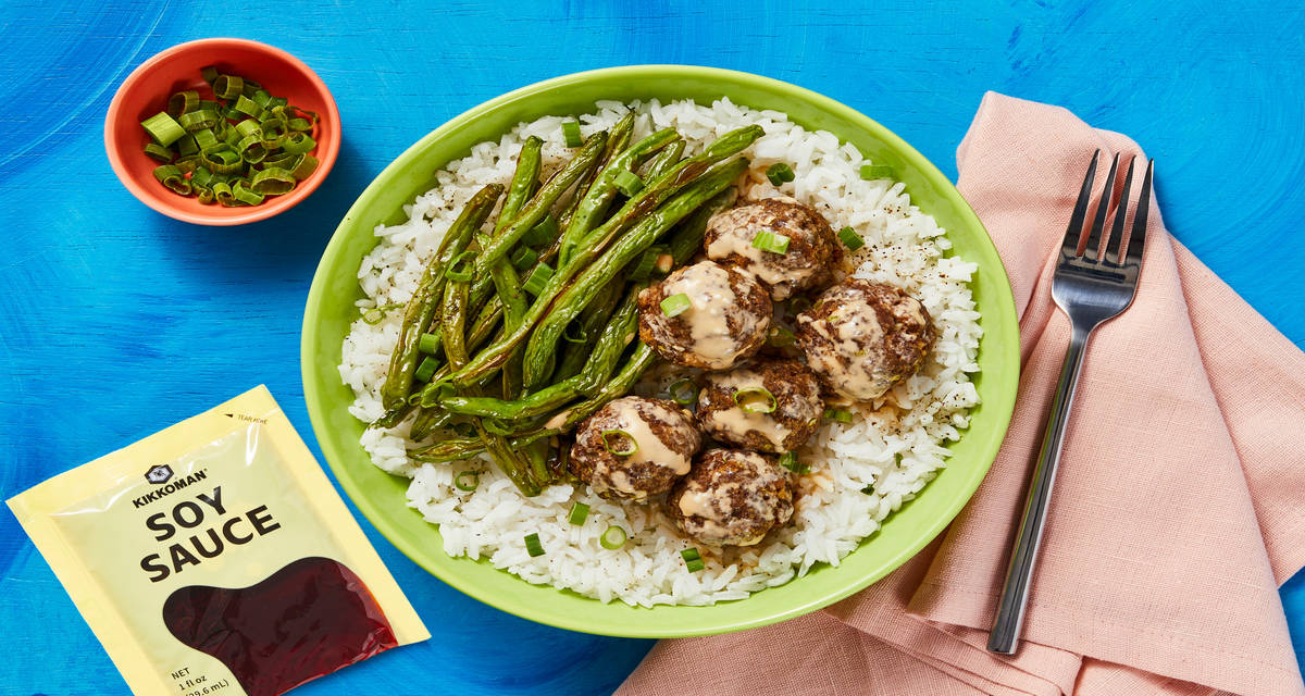 Firecracker Meatballs with Kikkoman® Soy Sauce, Roasted Green Beans & Jasmine Rice