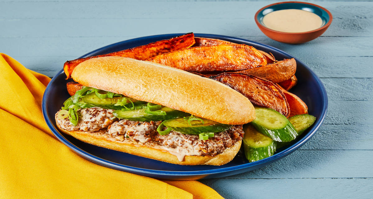 Firecracker Pork Patty Subs with Ponzu Cucumbers & Sweet Potato Wedges