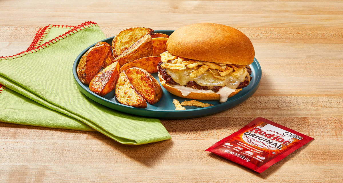 Frank’s RedHot® Firehouse Cheeseburgers with Crispy Fried Onions, Garlic Potato Wedges & Creamy Ranch Sauce