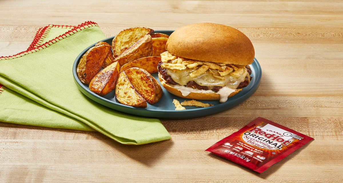 Frank’s RedHot® Firehouse Cheeseburgers with Crispy Fried Onions, Garlic Potato Wedges & Creamy Ranch Sauce-image