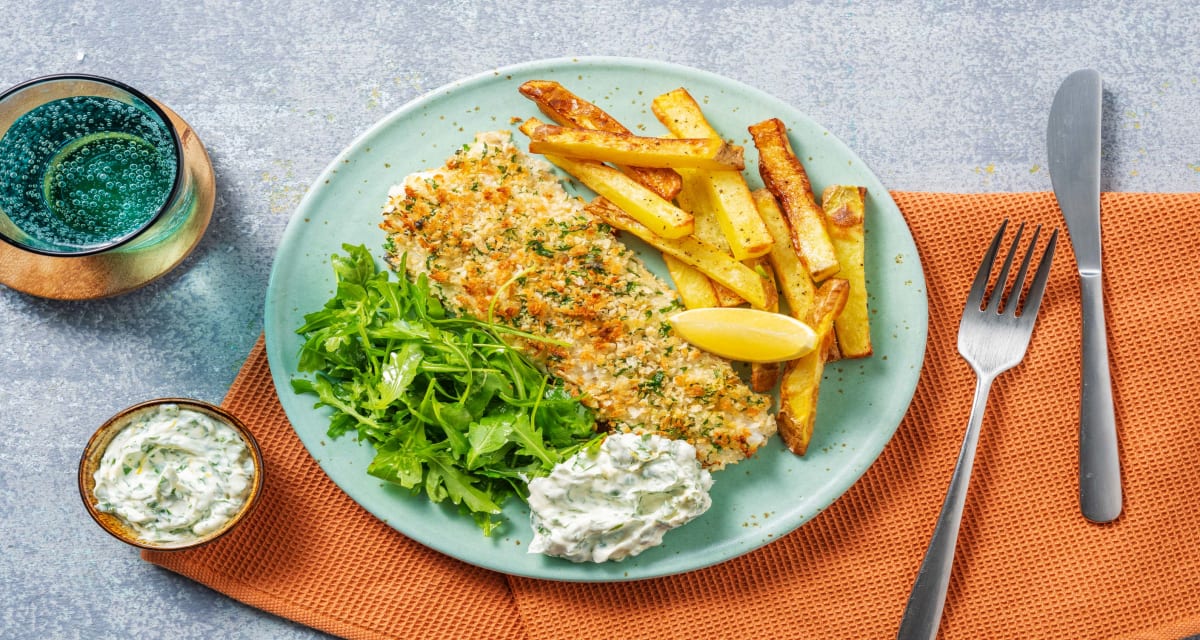 Fish and Chips with Zesty Garlic Mayo and Rocket Salad