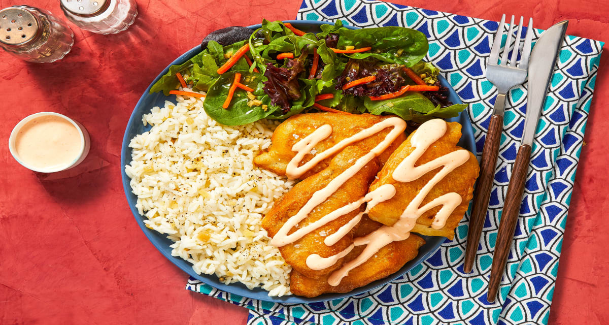 Flaky Tempura Tilapia with Sesame-Lime Mixed Greens and Ginger Rice-image