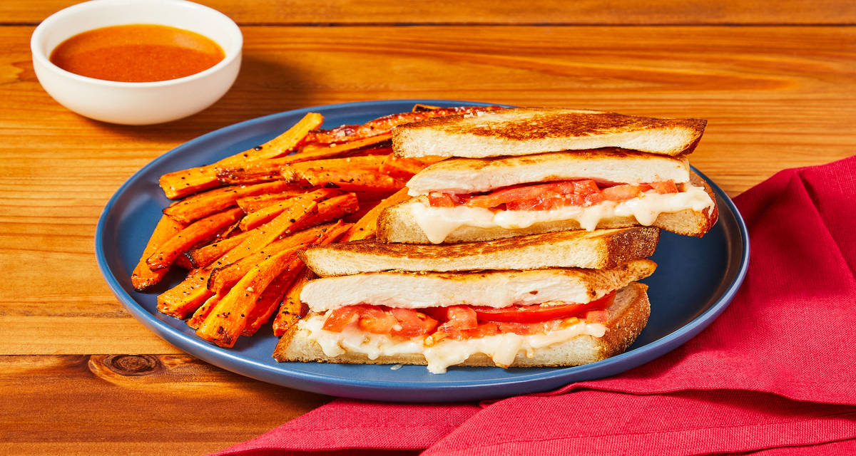 French Dip Chicken Sandwiches with Au Jus Sauce & Roasted Carrot Fries
